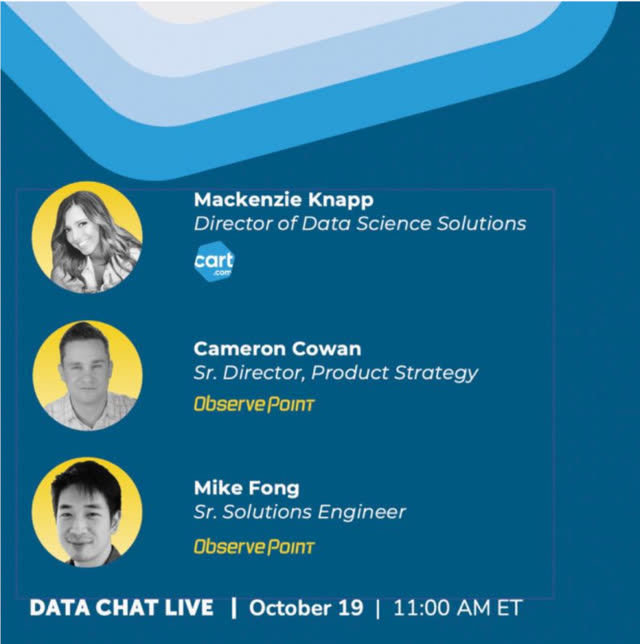 ObservePoint Data Chat Live panel card featuring Mackenzie Knapp